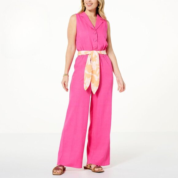 NEW G by Giuliana Sugar-Washed Linen-Blend Sleeveless Jumpsuit with Belt Small - Picture 1 of 12
